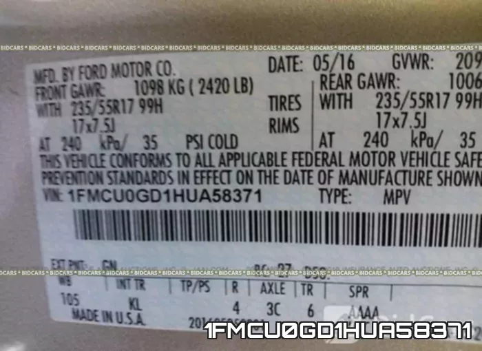 1FMCU0GD1HUA58371 фото 10