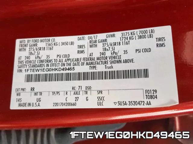 1FTEW1EG0HKD49465 фото 2