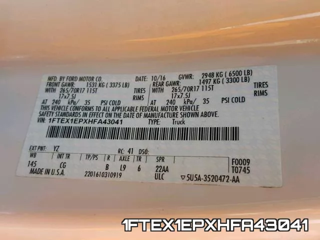 1FTEX1EPXHFA43041 фото 2