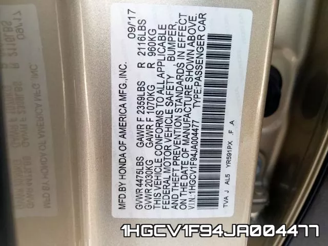 1HGCV1F94JA004477 фото 2