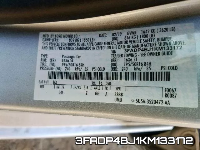 3FADP4BJ1KM133172 фото 2