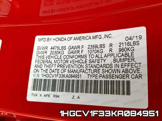 1HGCV1F33KA084951 фото 2