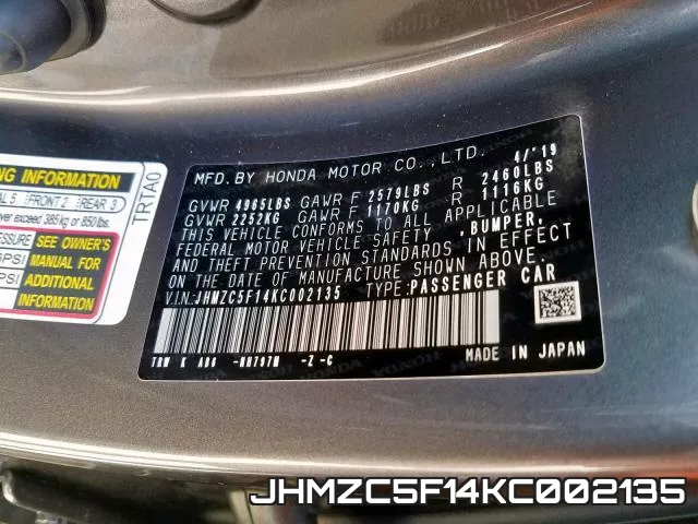 JHMZC5F14KC002135 фото 2