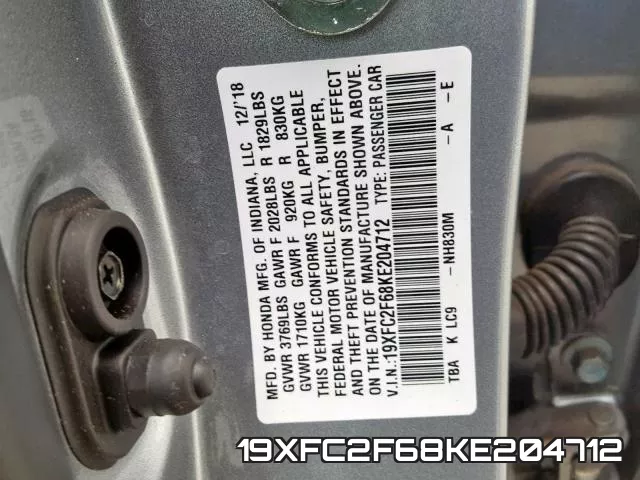 19XFC2F68KE204712 фото 2
