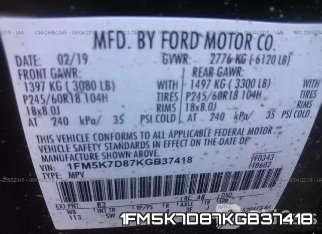 1FM5K7D87KGB37418 фото 10