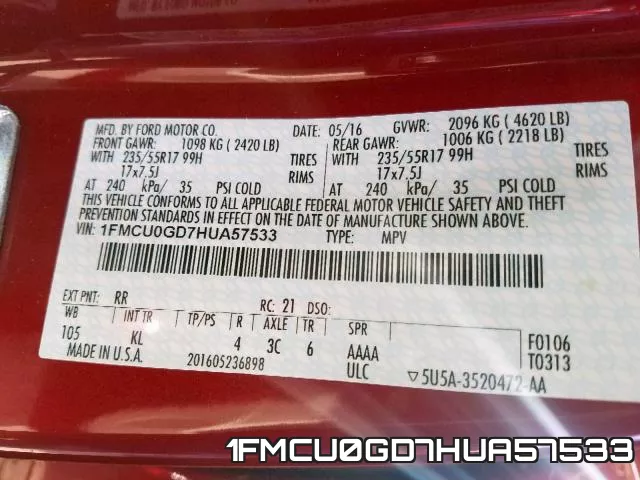 1FMCU0GD7HUA57533 фото 2