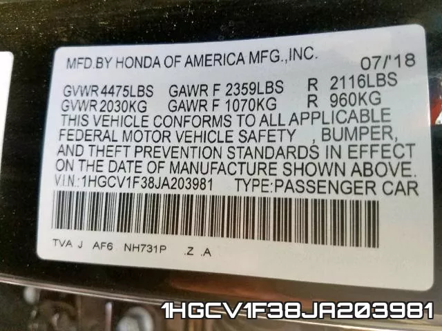 1HGCV1F38JA203981 фото 2