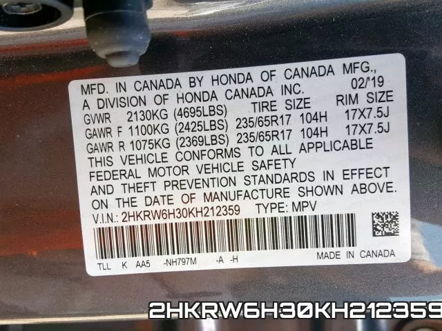 2HKRW6H30KH212359 фото 2