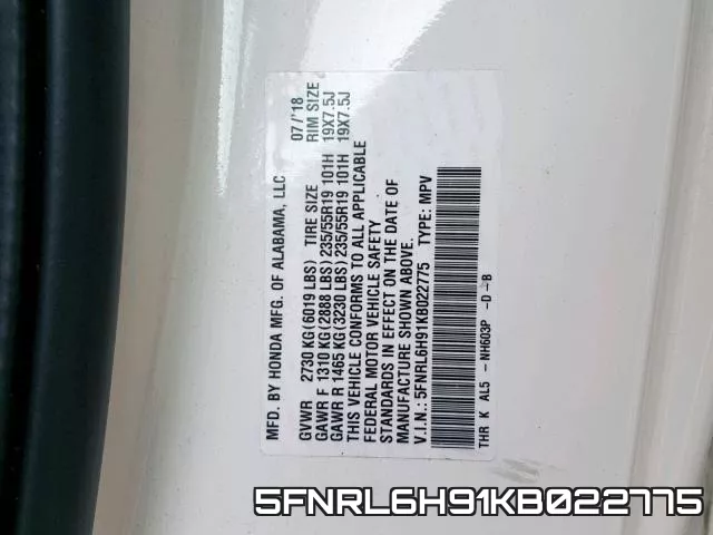 5FNRL6H91KB022775 фото 2