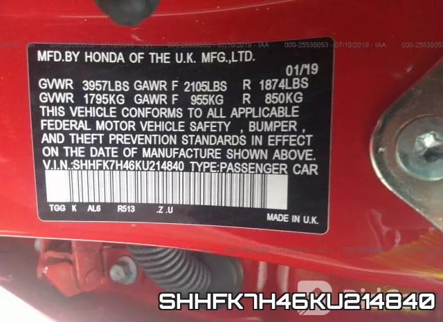 SHHFK7H46KU214840 фото 10