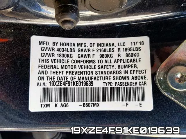 19XZE4F91KE019639 фото 2
