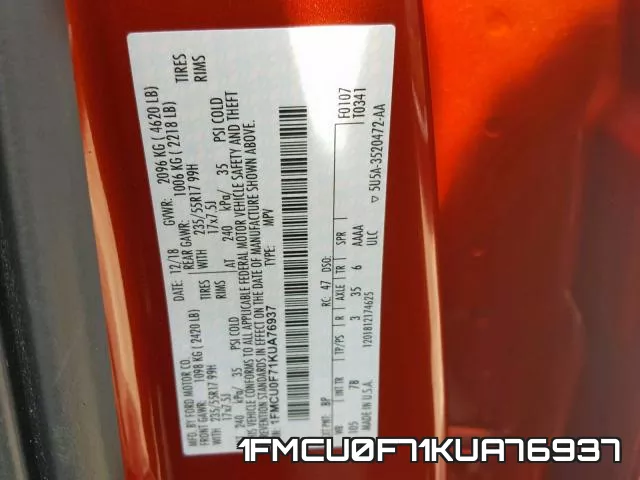 1FMCU0F71KUA76937 фото 2