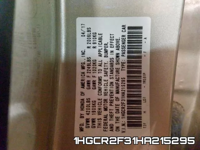 1HGCR2F31HA215295 фото 2