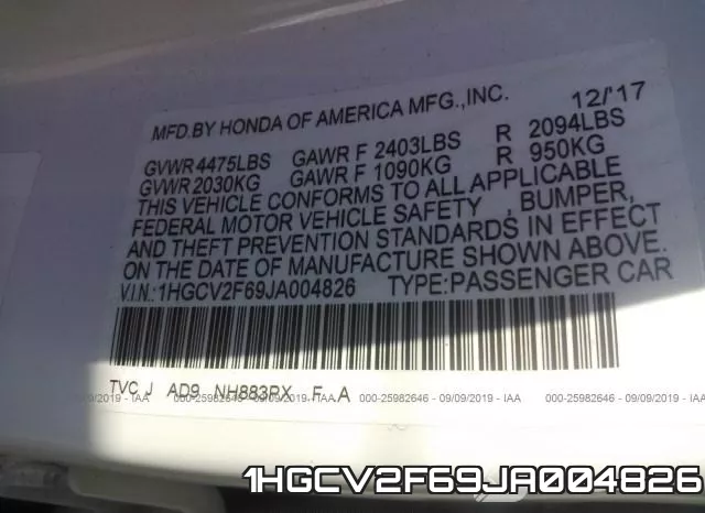 1HGCV2F69JA004826 фото 10