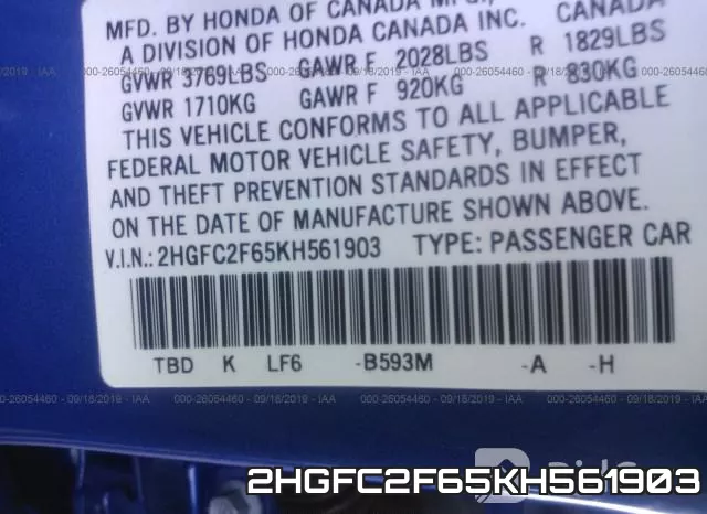2HGFC2F65KH561903 фото 10