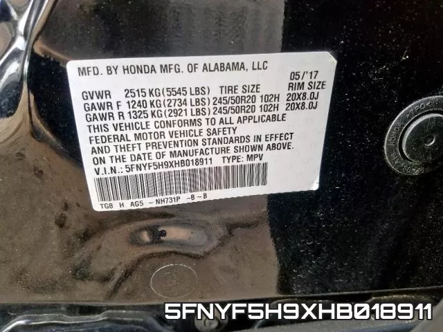 5FNYF5H9XHB018911 фото 2