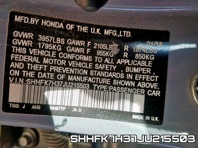 SHHFK7H37JU215503 фото 2