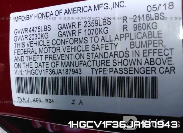 1HGCV1F36JA187943 фото 10