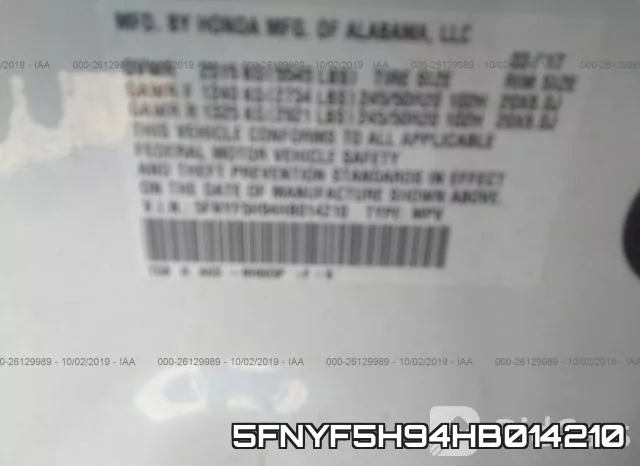 5FNYF5H94HB014210 фото 10