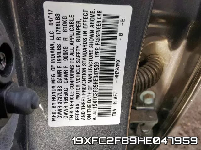 19XFC2F89HE047959 фото 2