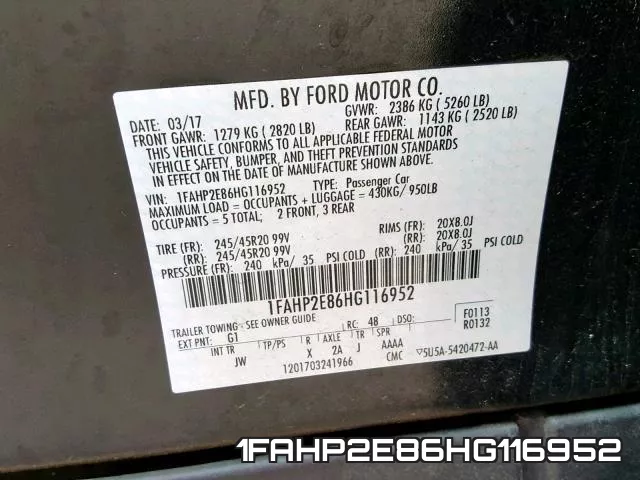 1FAHP2E86HG116952 фото 2