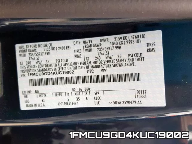 1FMCU9GD4KUC19002 фото 2