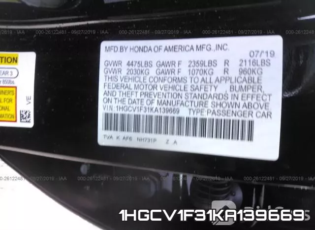 1HGCV1F31KA139669 фото 10