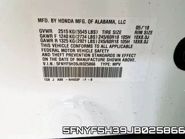 5FNYF5H39JB025866 фото 2