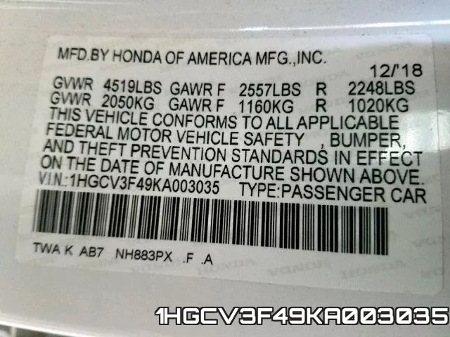 1HGCV3F49KA003035 фото 2