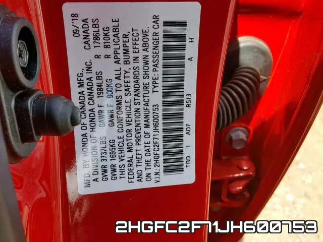 2HGFC2F71JH600753 фото 2