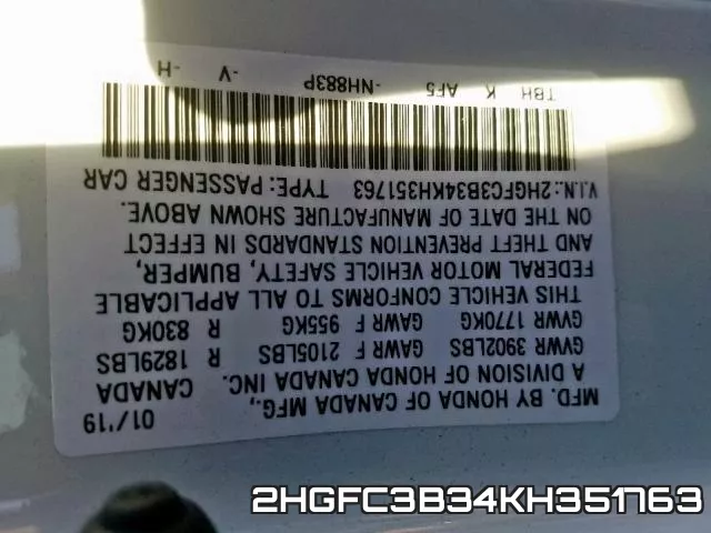 2HGFC3B34KH351763 фото 2