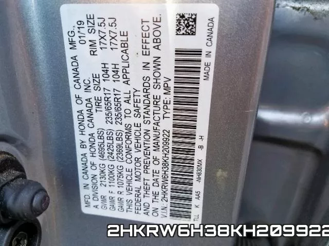 2HKRW6H38KH209922 фото 2