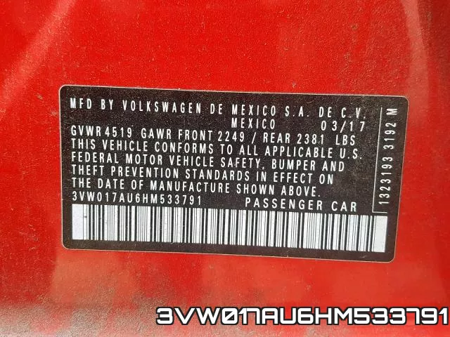 3VW017AU6HM533791 фото 2