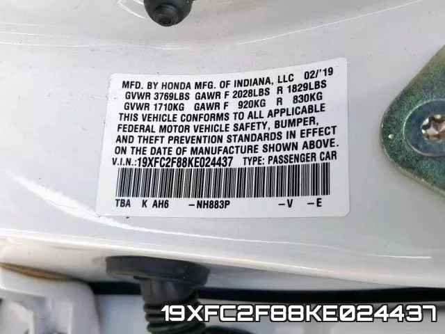 19XFC2F88KE024437 фото 2