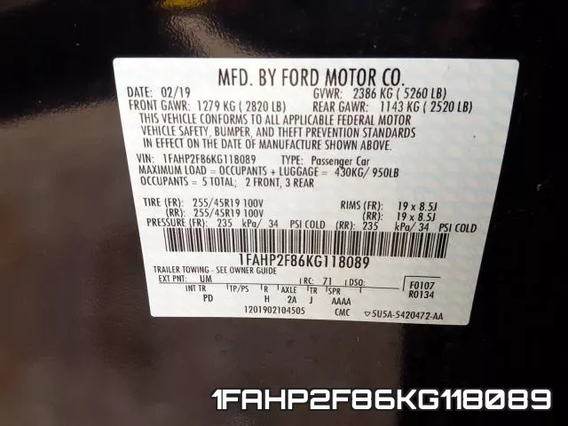 1FAHP2F86KG118089 фото 2