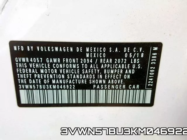 3VWN57BU3KM046922 фото 2