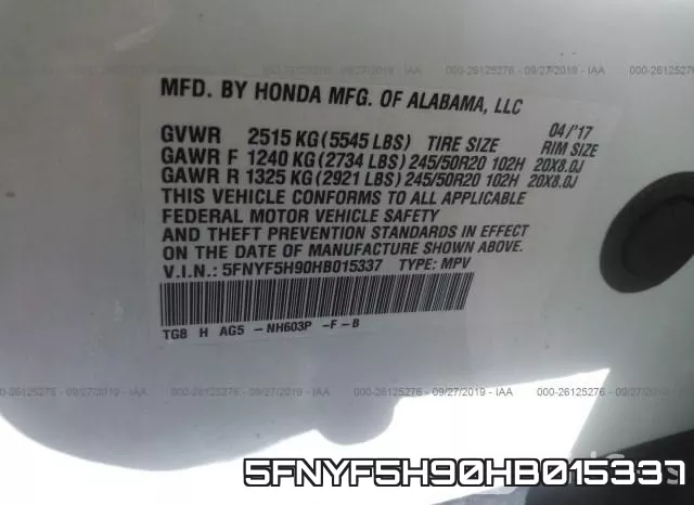 5FNYF5H90HB015337 фото 10