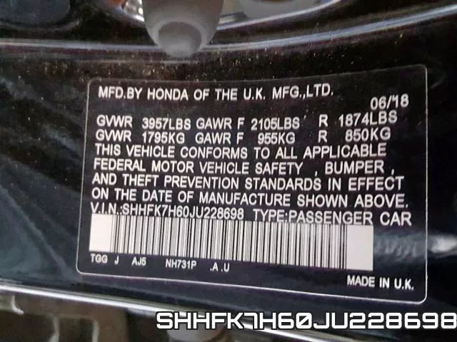 SHHFK7H60JU228698 фото 2