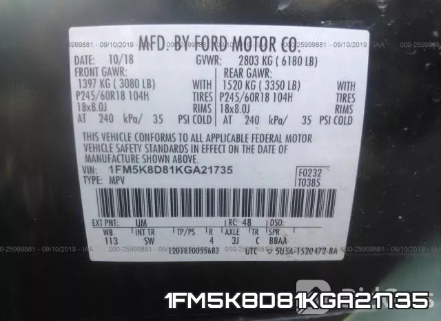 1FM5K8D81KGA21735 фото 10