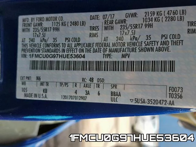 1FMCU0G97HUE53604 фото 2