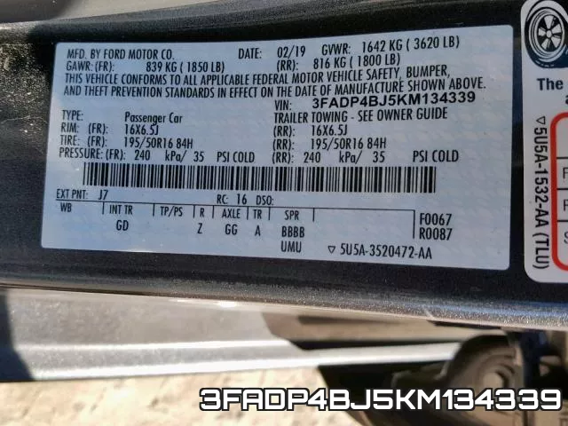 3FADP4BJ5KM134339 фото 2