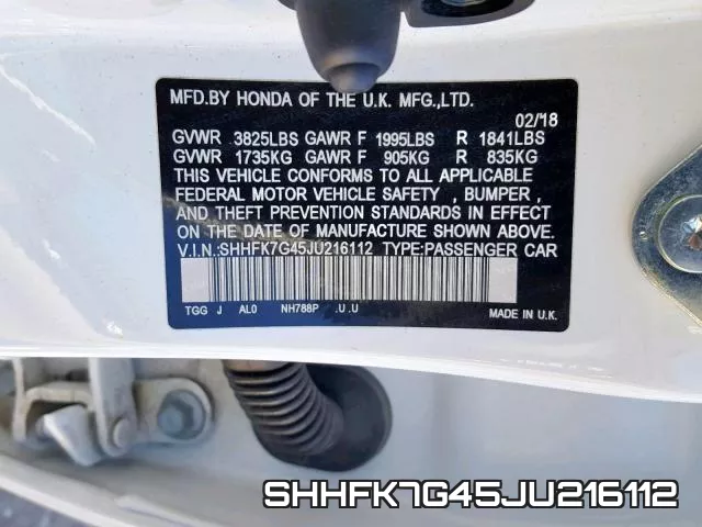 SHHFK7G45JU216112 фото 2