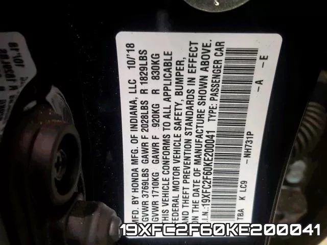 19XFC2F60KE200041 фото 2