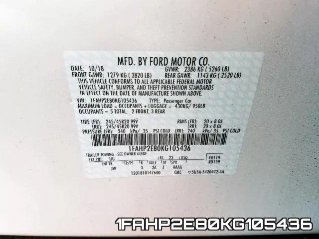 1FAHP2E80KG105436 фото 2