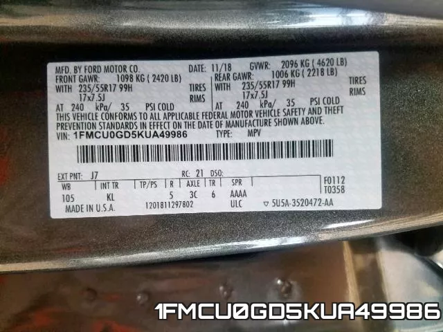 1FMCU0GD5KUA49986 фото 2