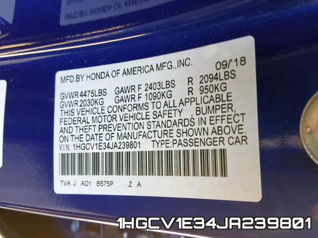 1HGCV1E34JA239801 фото 2