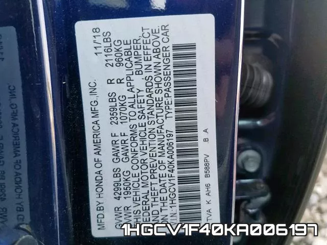 1HGCV1F40KA006197 фото 2