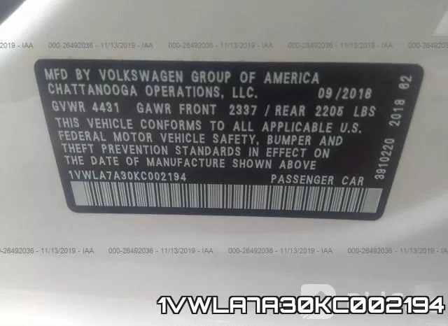 1VWLA7A30KC002194 фото 10