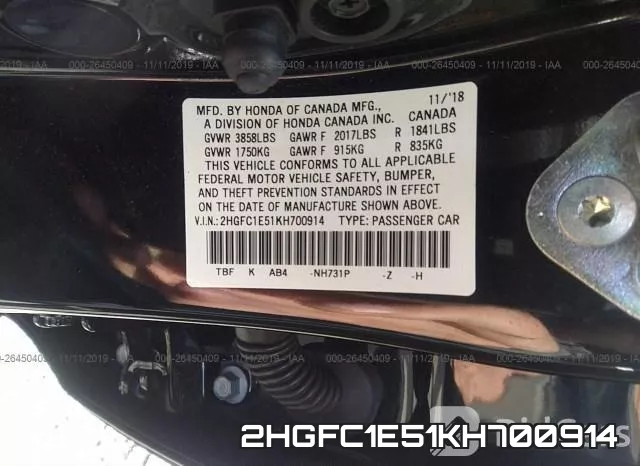 2HGFC1E51KH700914 фото 10