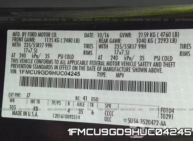 1FMCU9GD9HUC04245 фото 9